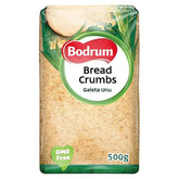 A 500g pack of Bodrum Bread Crumbs features a green "GMO Free" label on the bottom left. Ideal for coating, baking, and frying your favorite dishes.